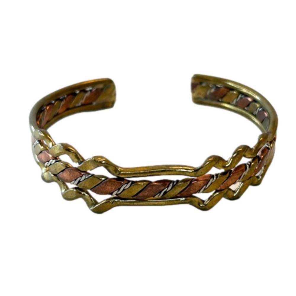 Brass Copper Silver Tone Artisan Made Brutalist Cuff Bracelet